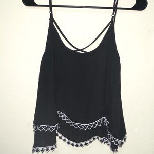 Flowy Black Top with White and Black Geometric Design Border Crisscross Straps